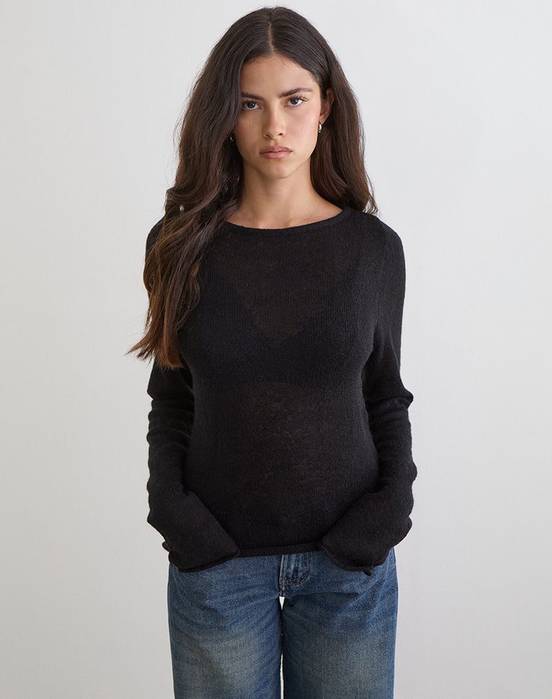 Black Long Sleeve Sheer Knit Top | Aika – motelrocks-com-aus
