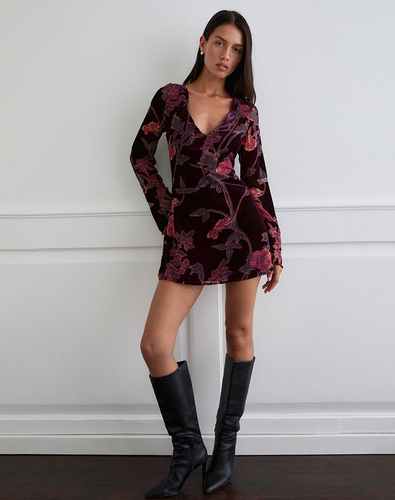 Alitra Mini Dress in Floral Devore Burgundy