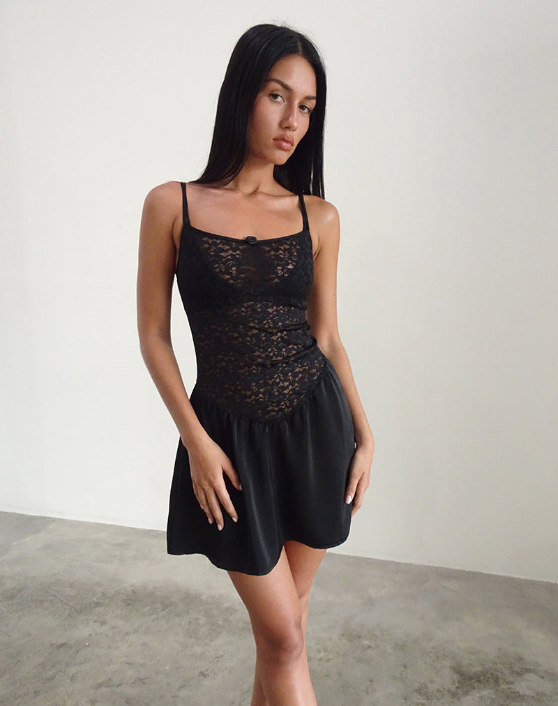 Black Satin Lace Cami Slip Dress Alunan – motelrocks-com-aus