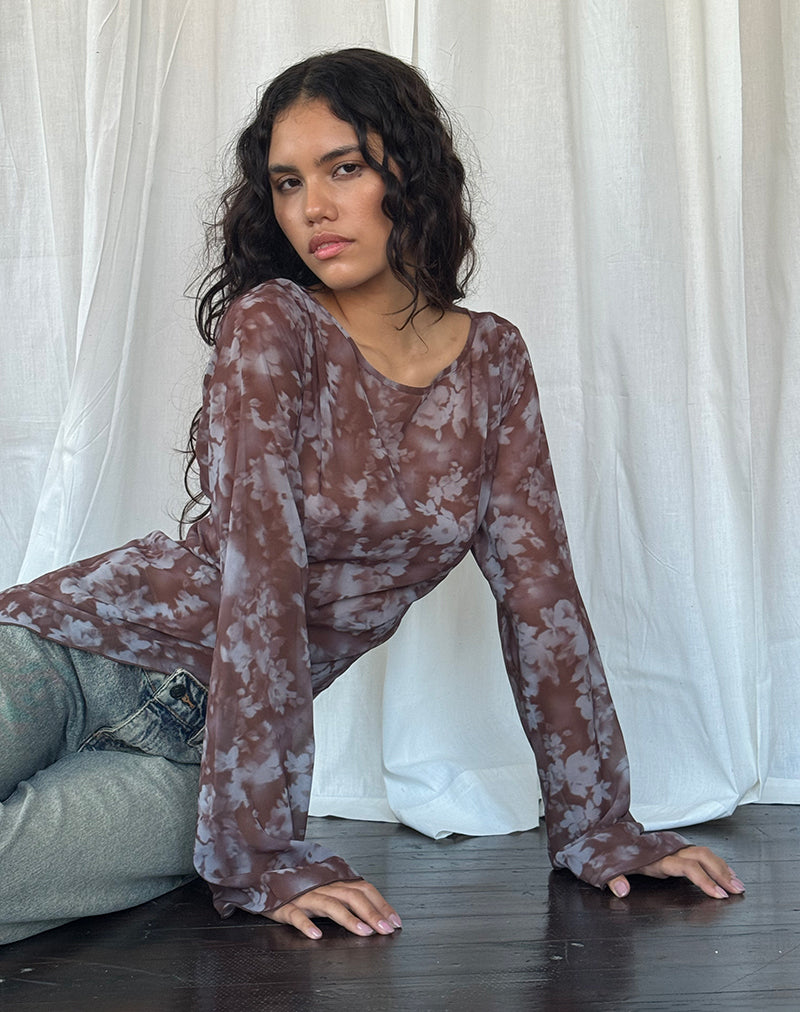 Botanical Shadow Brown Long Sleeve Mesh Top