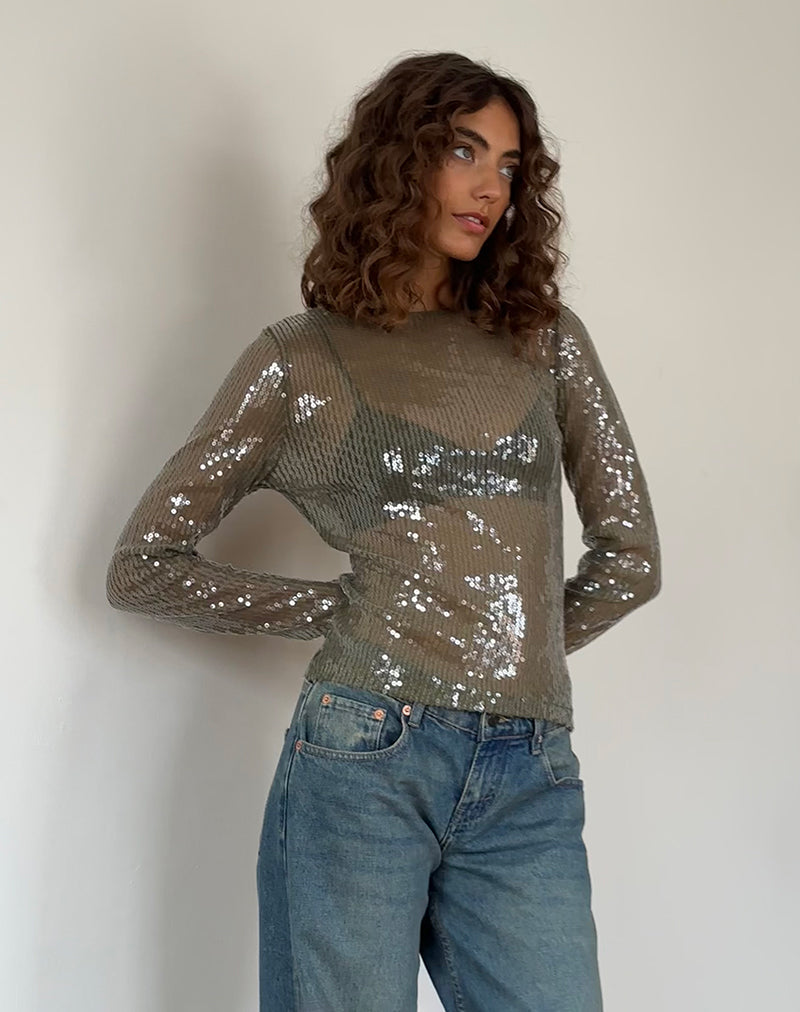 Image of Ashram Top in Clear Khaki Green Sequin