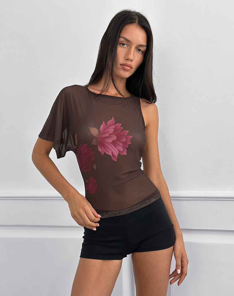 Image of Balsa One Shoulder Top in Brown with Pink Flower Print