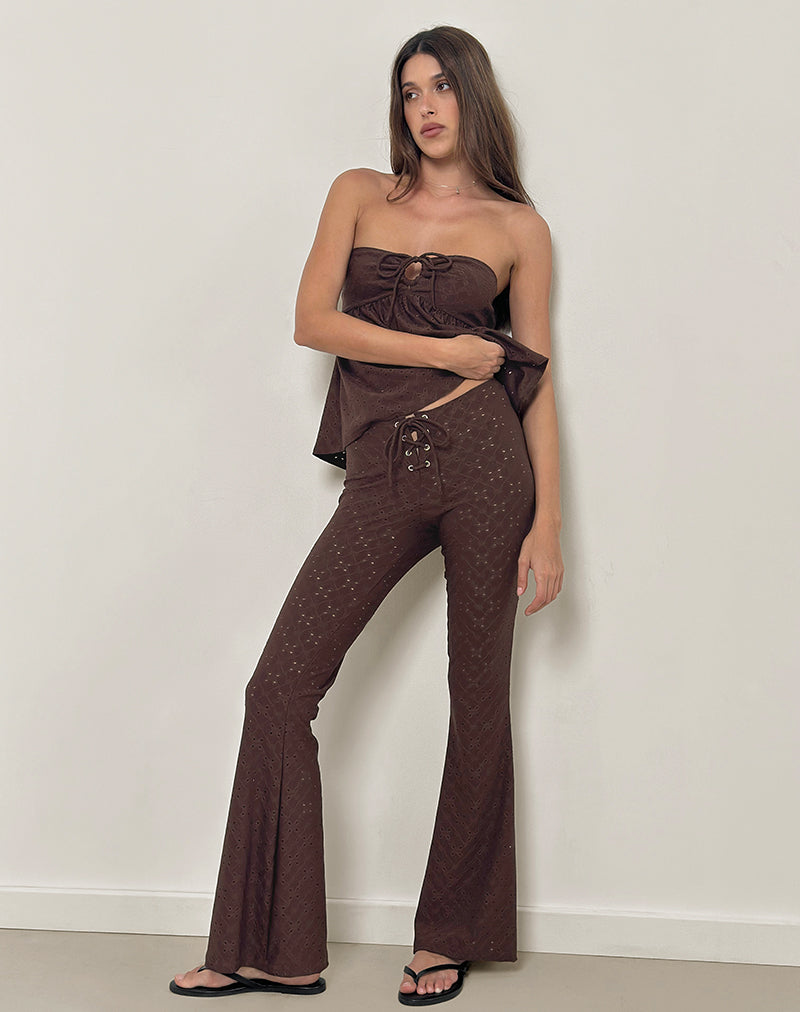 Dan Tie Front Flared Trousers in Broderie Brown