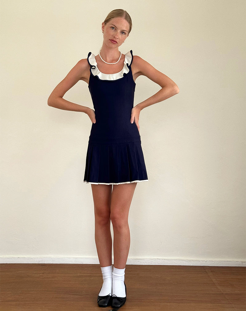 Image of Busari Frill Neck Mini Dress in Navy