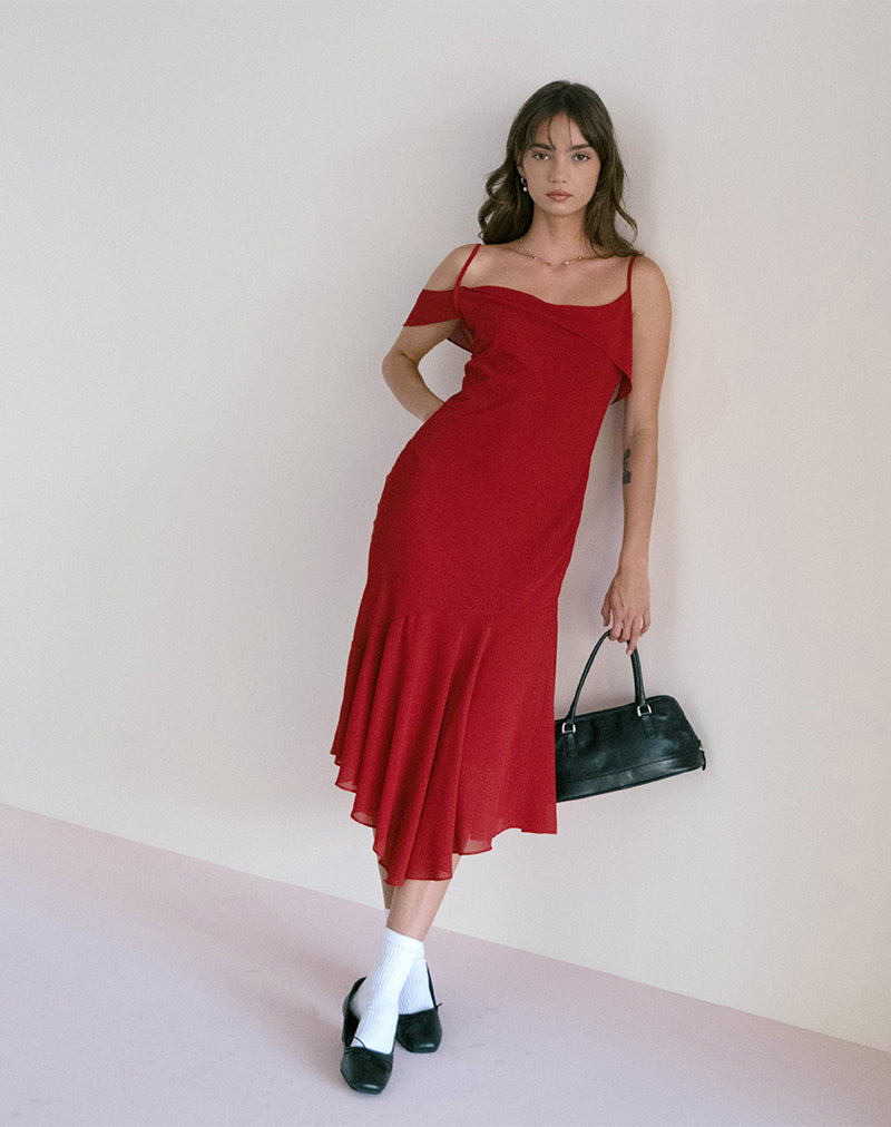 knee length dresses for ladies Livy Red Satin Midi Dress main image 1