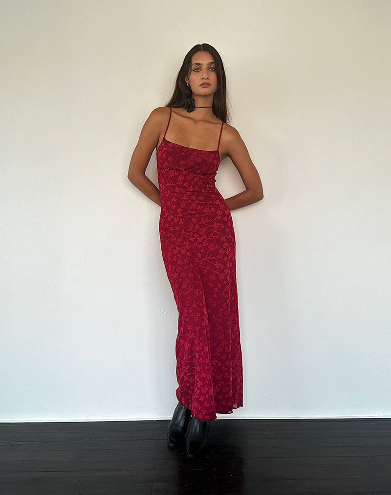 Darsih Cami Maxi Dress Red Grunge Floral Flock - Main Image