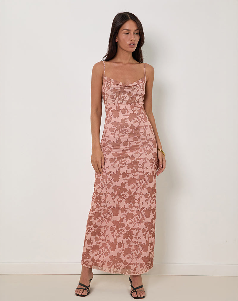 Image of Dasita Cowl Neck Maxi Dress in Neutral Flower Print