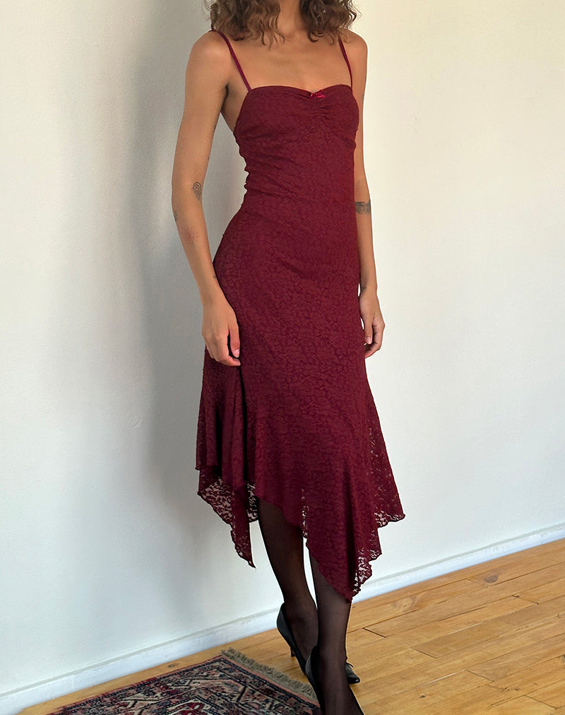 burgundy lace midi dress