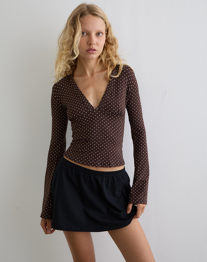 Brown Micro Polka Print Long Sleeve Top | Emesy – motelrocks-com-aus