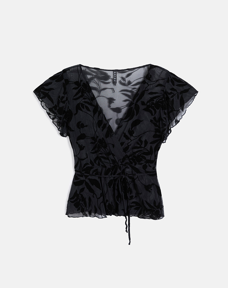 Image of Giuliana Wrap Top in Flock Leaf Flower Black