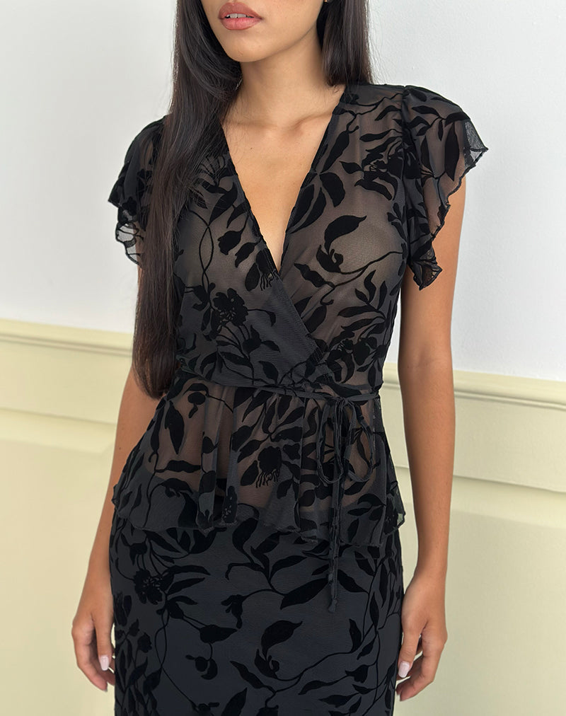 Image of Giuliana Wrap Top in Flock Leaf Flower Black