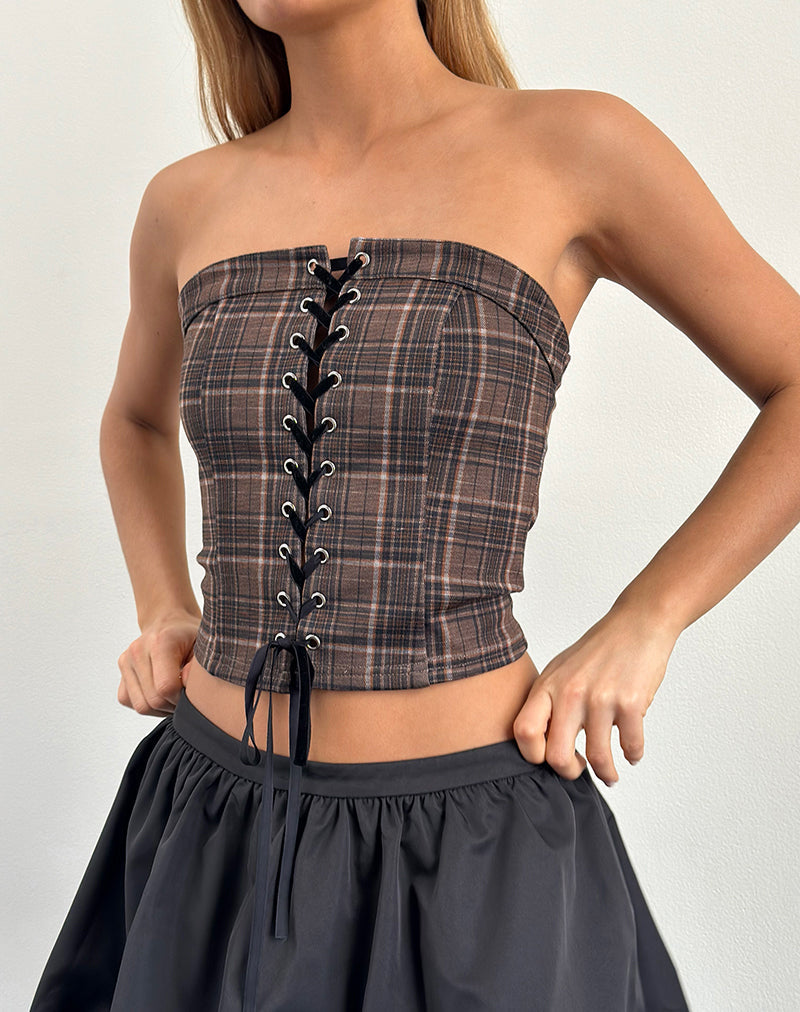Brown Check Lace Front Corset Top | Heska – motelrocks-com-aus
