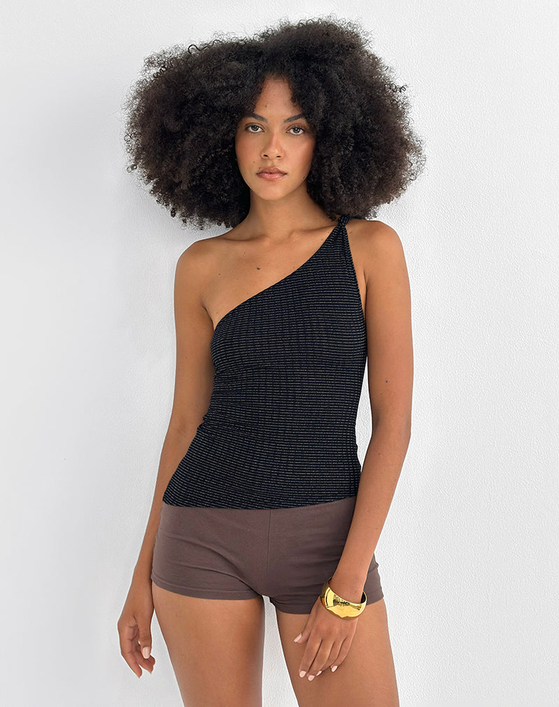 Idari One Shoulder Top in Metalic Stripe Jersey Black