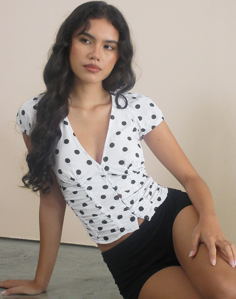 Ilase Ruched Blouse in 80s Polka White