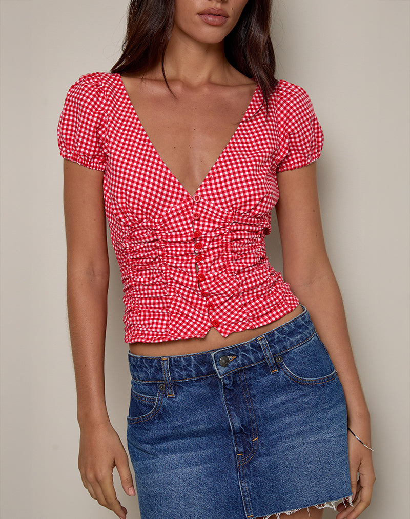 Image of Ilase Ruched Blouse in Red Gingham
