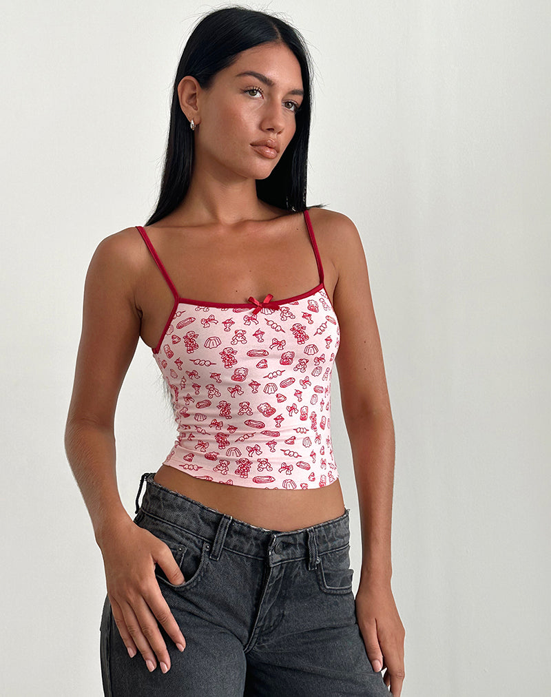 image of Isna Cami Top in Girlie Print with Red Binding