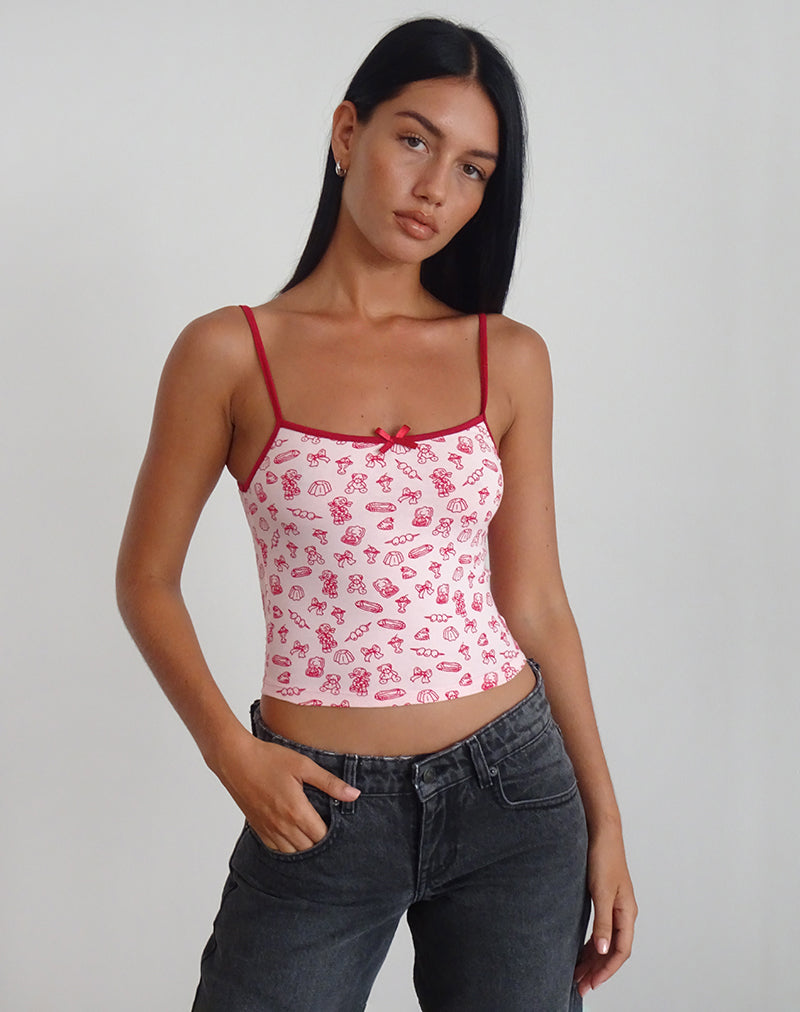 Isna Cami Top in Girlie Print with Red Binding