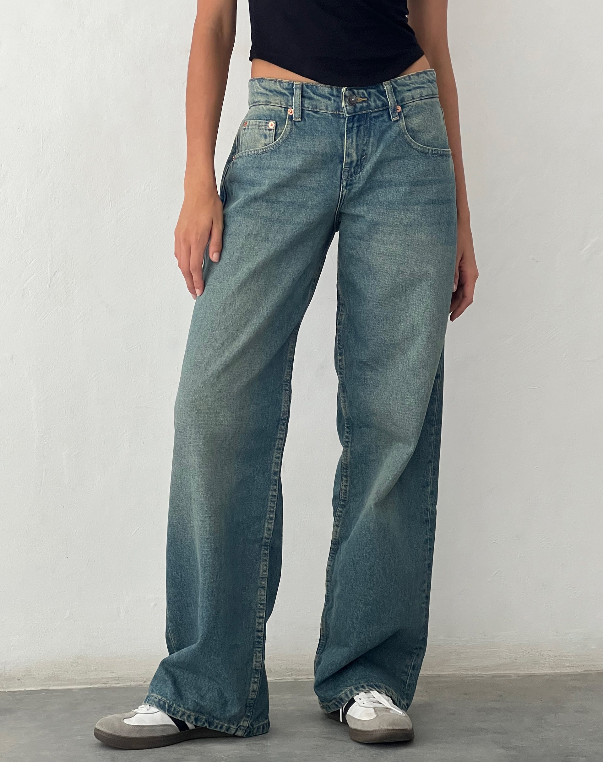 image of Low Rise Parallel Jeans in Vintage Blue Green