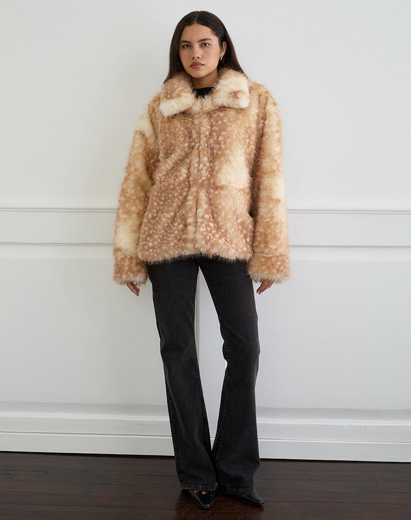Beige Bambi Print Faux Fur Jacket | Joji – motelrocks-com-aus