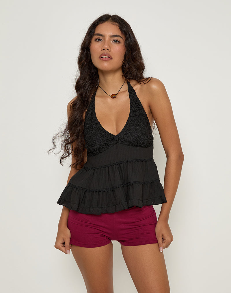Black Frill Halter Neck Top | Juanita – motelrocks-com-aus