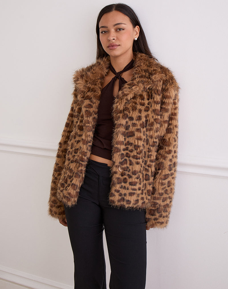 Image of Joji Crop Faux Fur Jacket in Brown Leopard