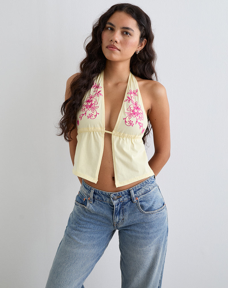 Image of Kayria Tie Top in Lemon with Floral Pink Embroidery