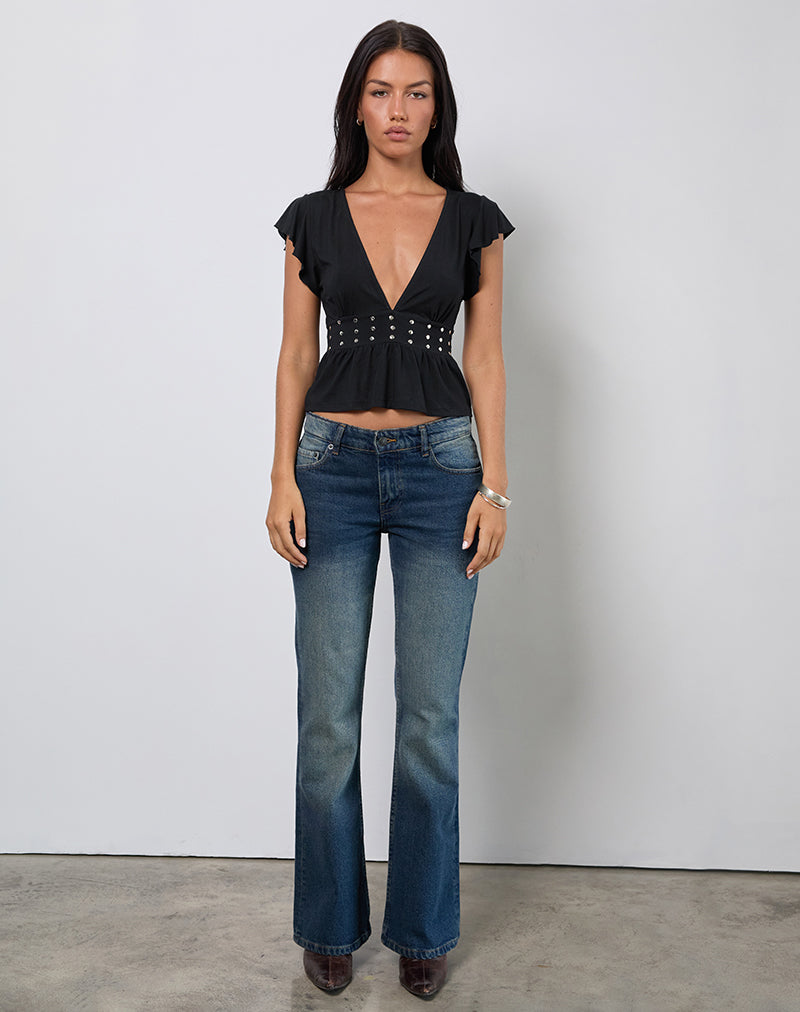 Black Jersey Frill Top with Studs | Leisma – motelrocks-com-aus