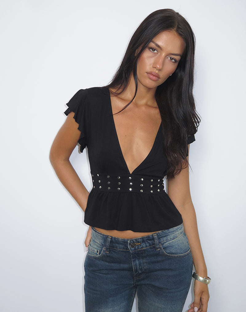 Black Jersey Frill Top with Studs | Leisma – motelrocks-com-aus