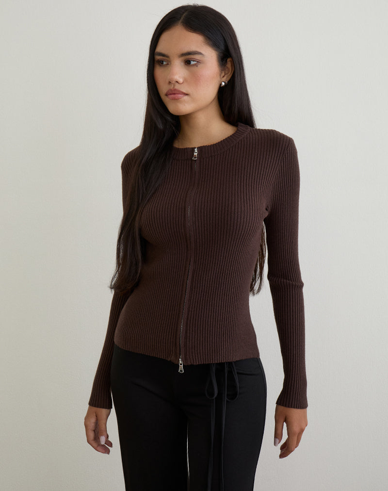 Image of Liano Zip Cardigan in Rib Knit Brown