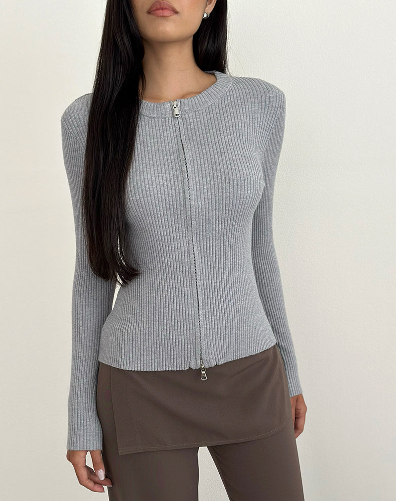 Image of Liano Zip Cardigan in Rib Knit Grey