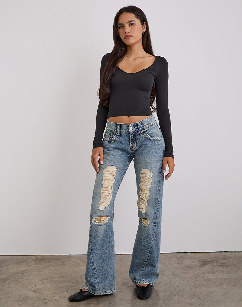 Low Rise Twisted Seam Ripped Jean in True Blue