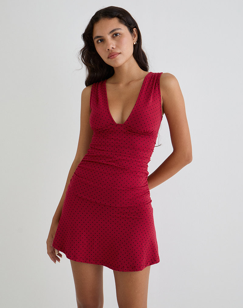 Image of Luscian Plunge Mini Dress in Red with Black Micro Polka Print