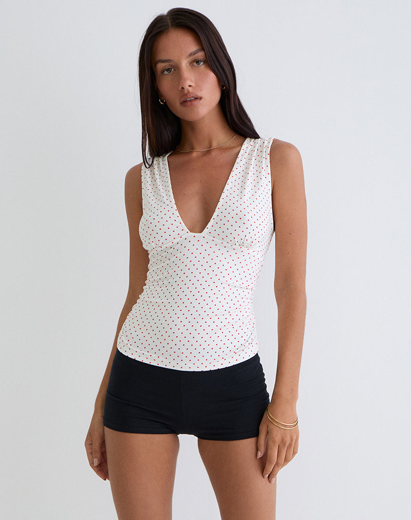 Image of Lycia Plunge Top in White with Red Micro Polka Print