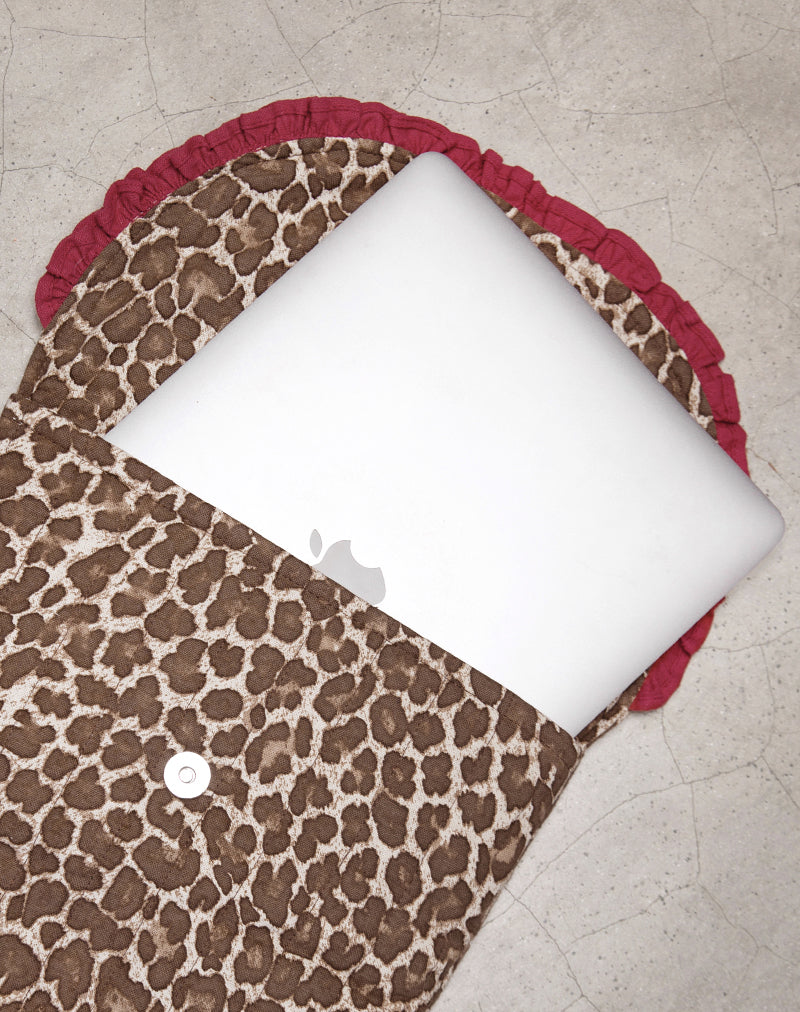 Image of Laptop Bag in Leopard Print with Red Frill