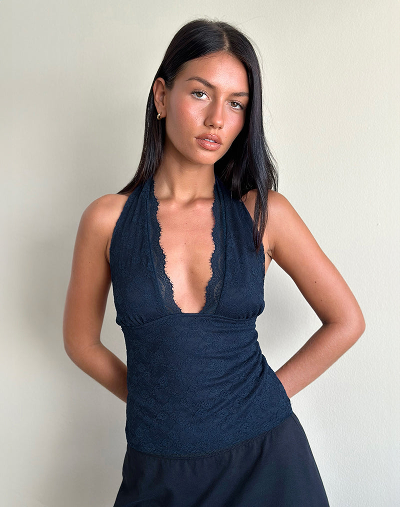 Navy Blue Clover Lace Halterneck Top | Matua – motelrocks-com-aus