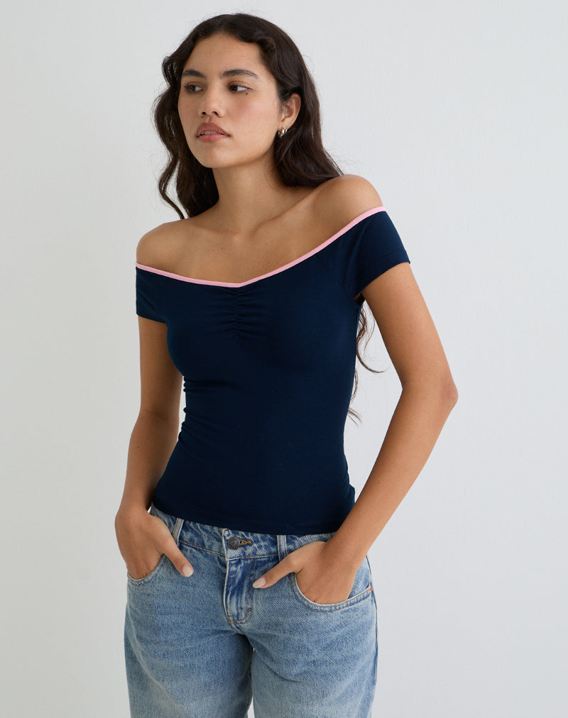 Mayomi Off the Shoulder Top in Navy with Pink Binding