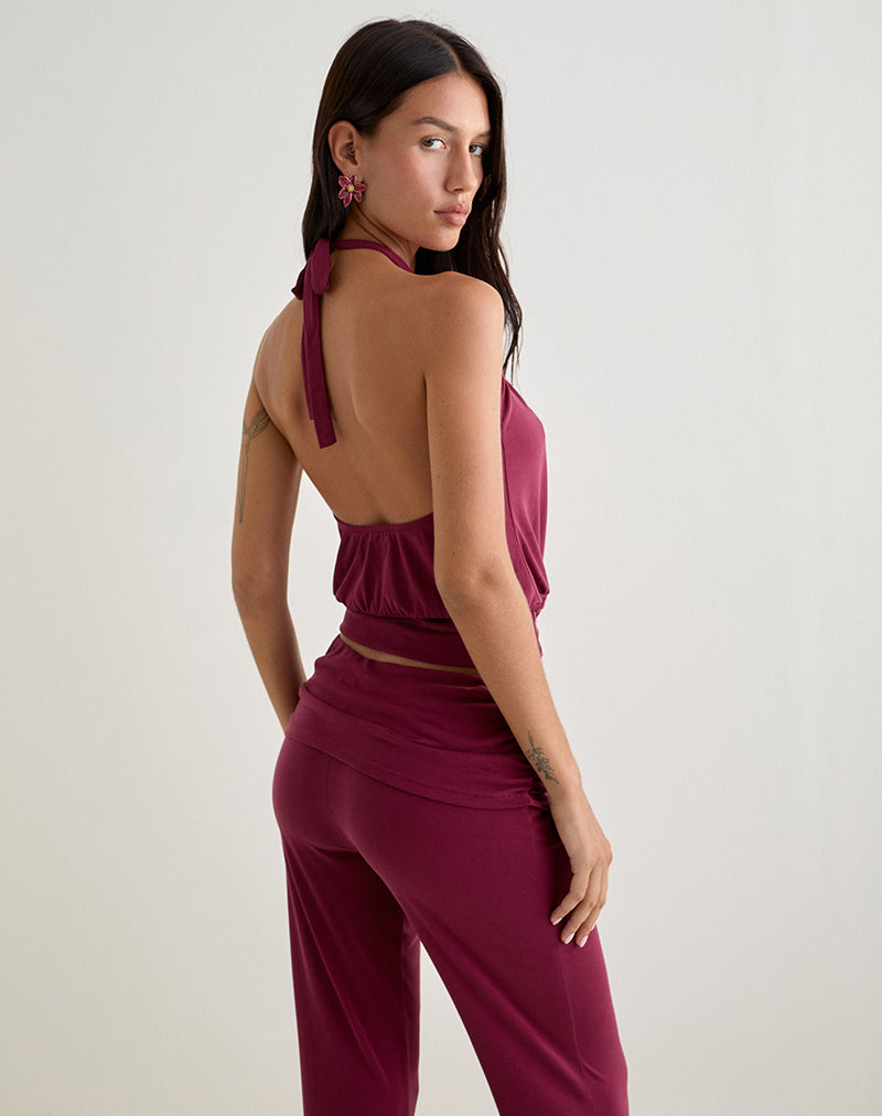 Image of Miasa Backless Halterneck Top in Cupro Burgundy