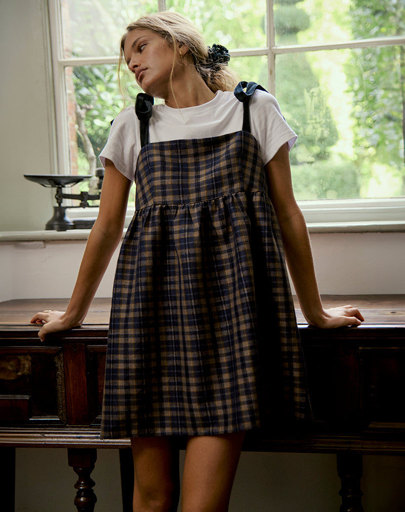 Brown Mustard Navy Check Tartan Square Neck Mini Dress | Mikayla