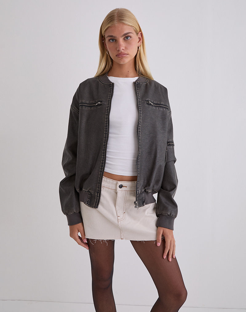Marco Distressed Bomber Jacket in PU Charcoal