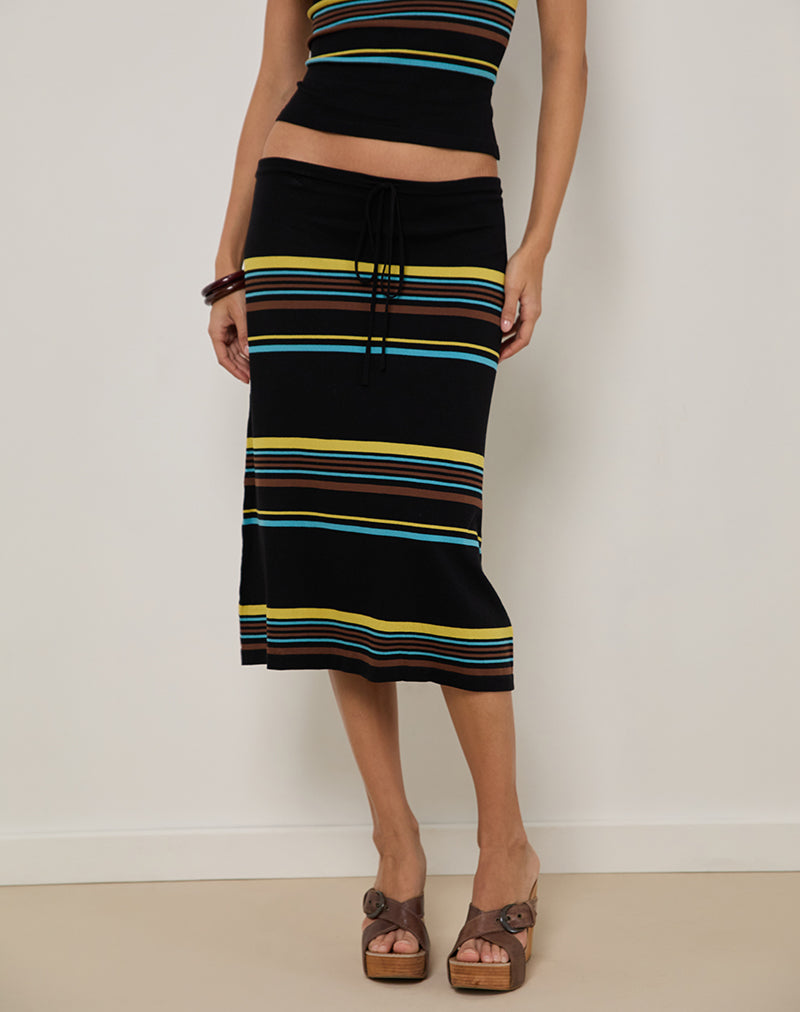 Image of Amalia Midi Skirt in Black with Brown and Blue Stripes