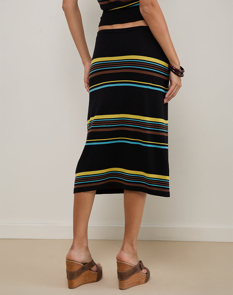 Image of Amalia Midi Skirt in Black with Brown and Blue Stripes