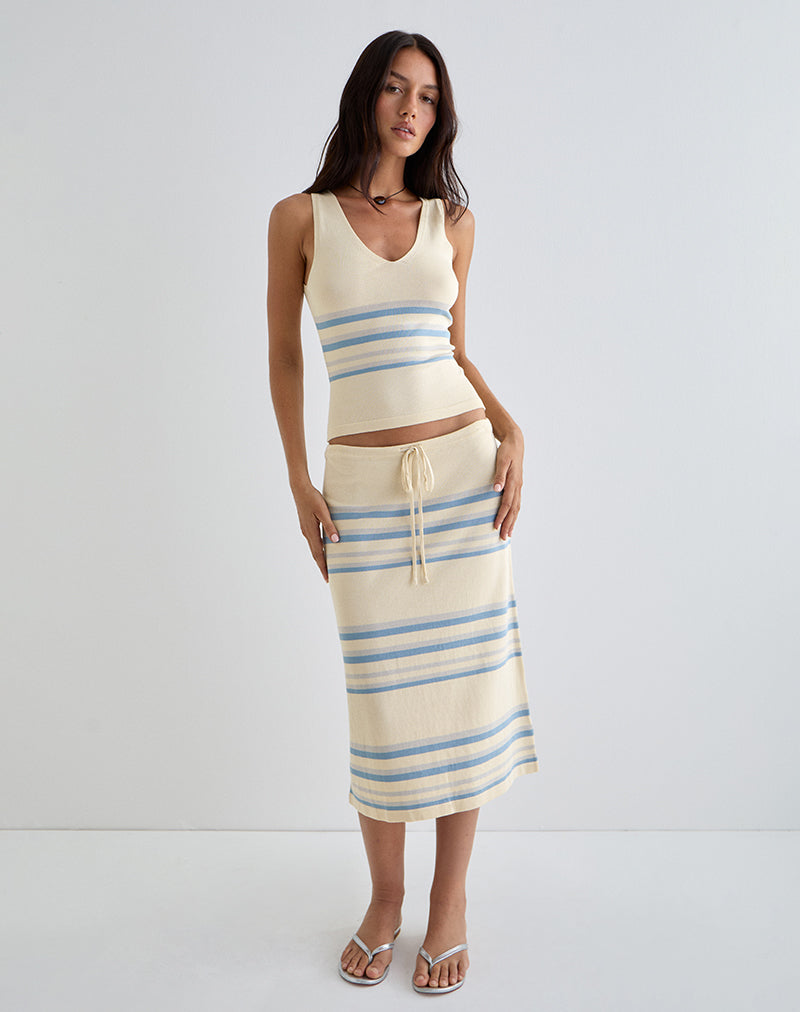 Image of Amalia Midi Skirt in Cream with Blue and Grey Stripes
