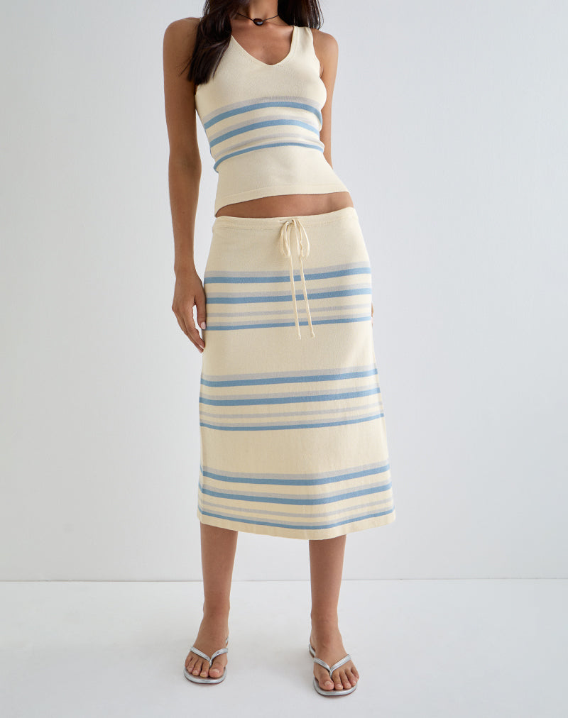 Image of Amalia Midi Skirt in Cream with Blue and Grey Stripes