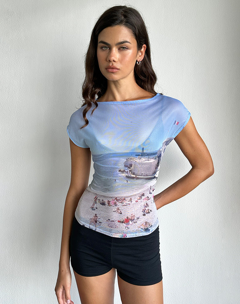 Image of Nova Top in Printed Mesh Cote D'Azur Blue Graphic