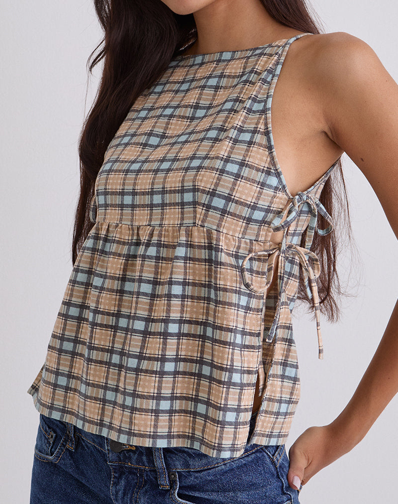 Image of Palsi Loose Sleeveless Top in Pastel Blue Tartan