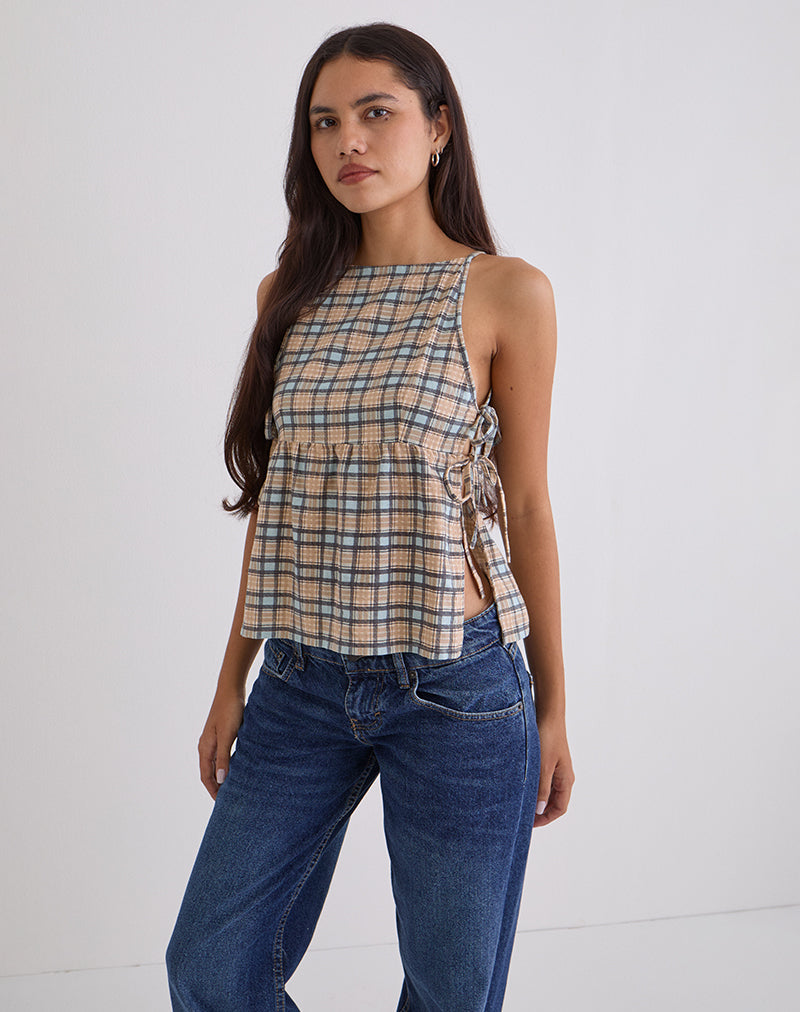 Image of Palsi Loose Sleeveless Top in Pastel Blue Tartan