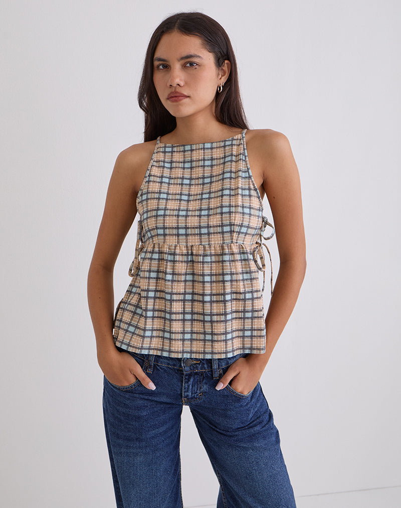 Image of Palsi Loose Sleeveless Top in Pastel Blue Tartan