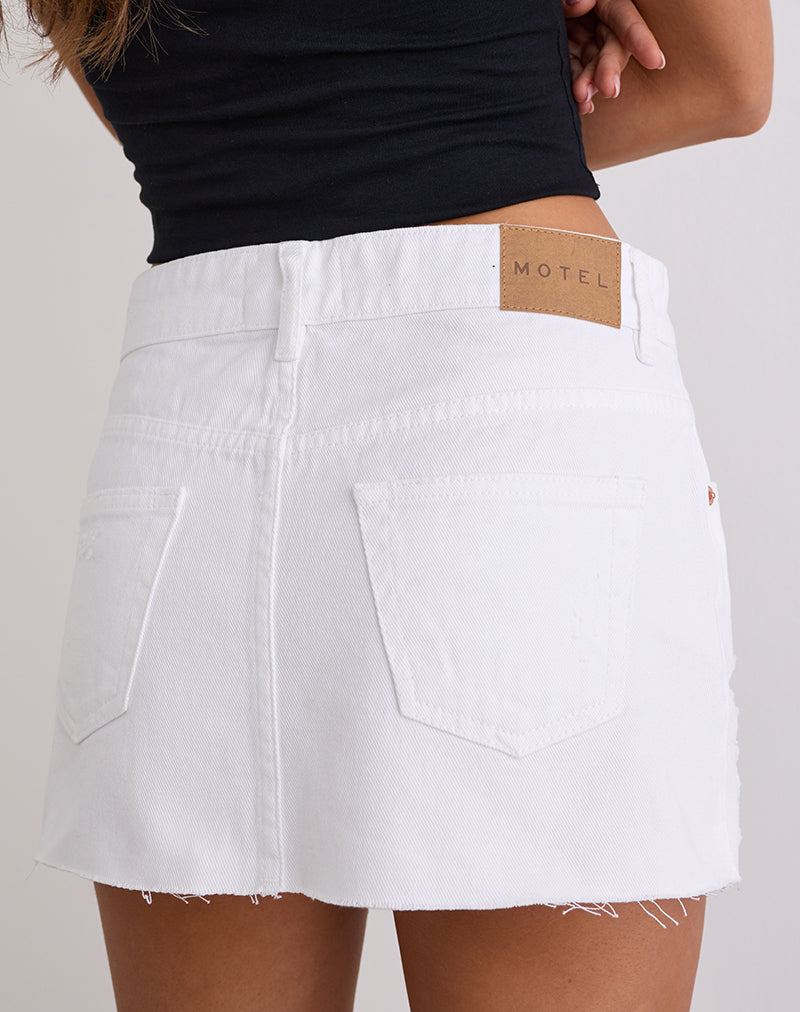 Image of Ripped Raw Hem Denim Mini Skirt in True White