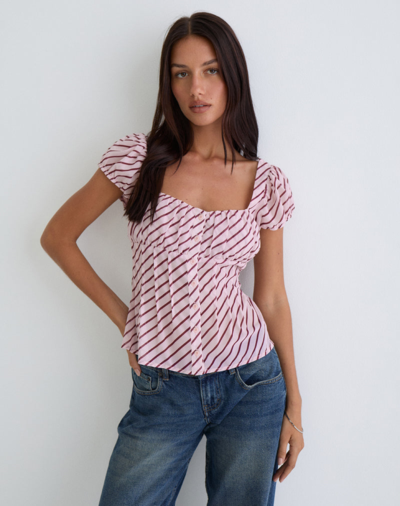 Image of Rolina Blouse in Chiffon Stripe Pink and Burgundy