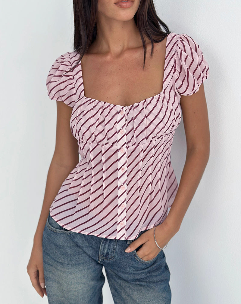 Image of Rolina Blouse in Chiffon Stripe Pink and Burgundy